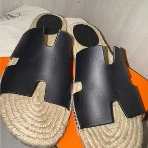 Hermes Black Leather Sandals with Espadrille Sole Antiqua style $640 Men main image 3